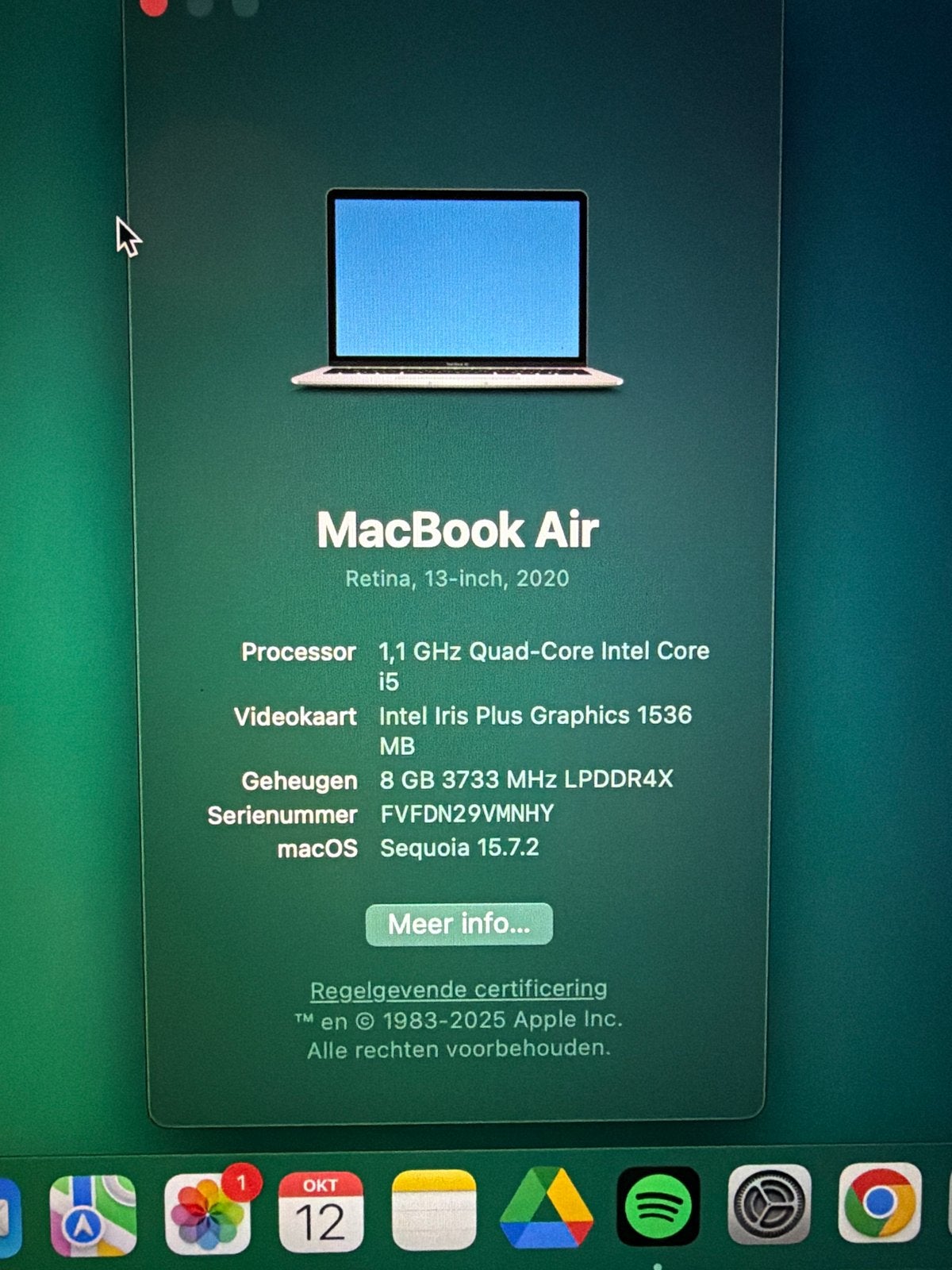 MacBook Air Retina 13-inch 2020, 8GB RAM, 1.1 GHz i5, Ophalen, Gebruikt, 256 GB, Qwerty