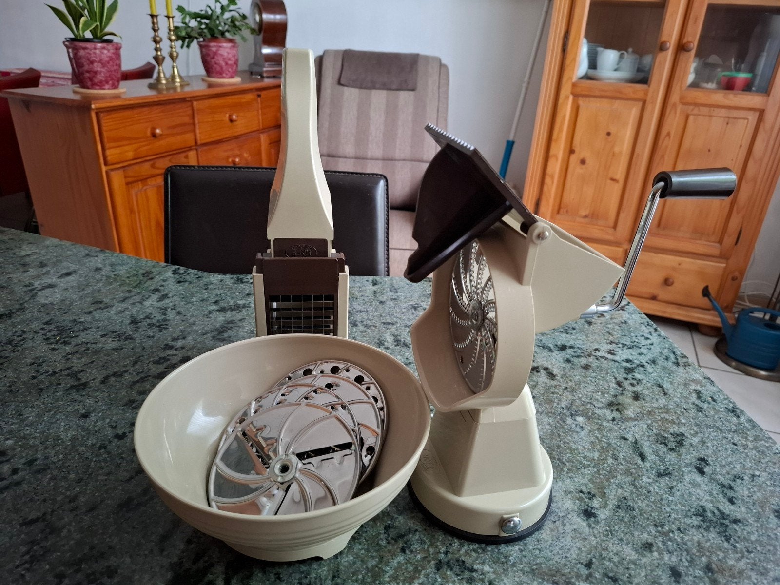 Vintage Franse MOFP compl.groente-en patatsnijder in perf.st, Huis en Inrichting, Ophalen