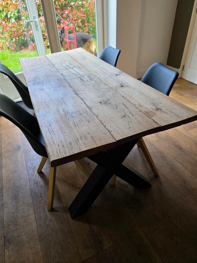 Handgemaakte antieke eettafel met eiken blad, Ophalen, Gebruikt, 50 tot 100 cm, 150 tot 200 cm