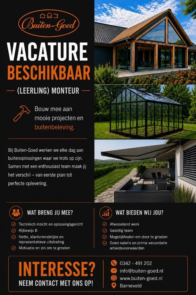 Monteurs gezocht voor de montage van outdoor producten, 33 - 40 uur, LBO / VMBO, Vanaf 1 jaar, Overige vormen