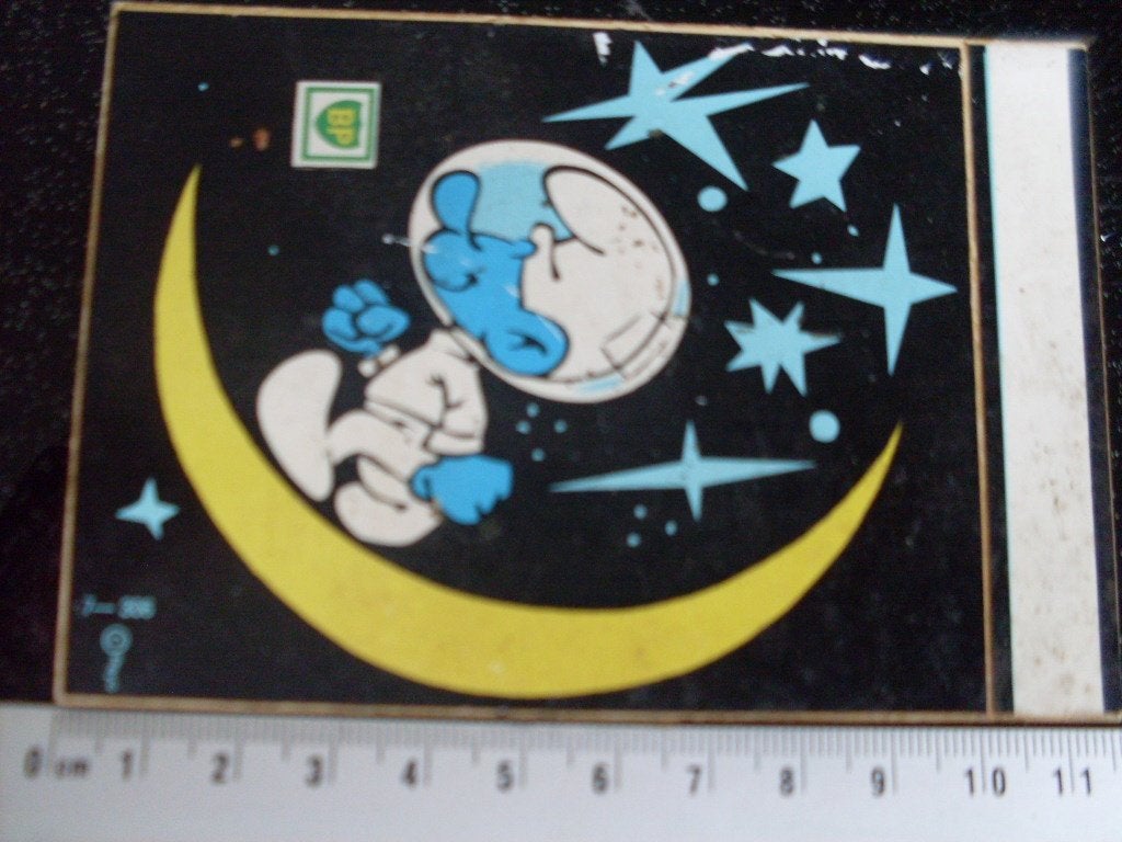 sticker BP logo smurfen smurf ruimtesmurf maan lopen, Verzenden, Zo goed als nieuw, Strip of Tekenfilm