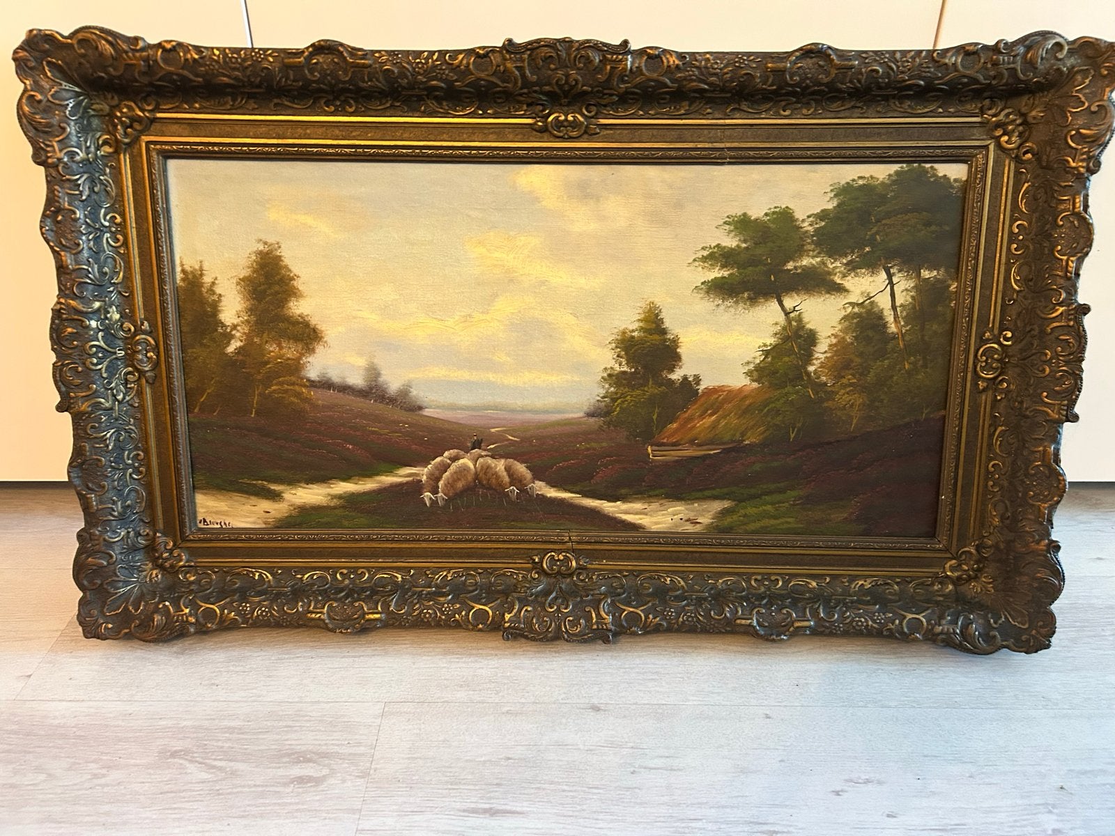 Olieverfschilderij Schaapherder op de Heide met Schapen, Antiek en Kunst, Doek, Realistisch, Ophalen of Verzenden, Gesigneerd