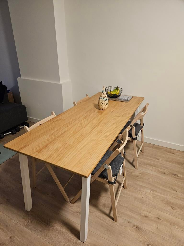 Ikea Pinntorp eettafel met 4 stoelen en kussens, Ophalen, Gebruikt, Rechthoekig, 50 tot 100 cm