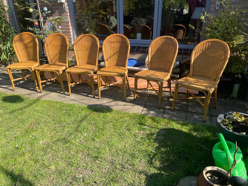 Rotan stoelen set van 6, merk Eurotan., Huis en Inrichting, Stoelen, Gebruikt, Vijf, Zes of meer stoelen, Riet of Rotan, Bruin