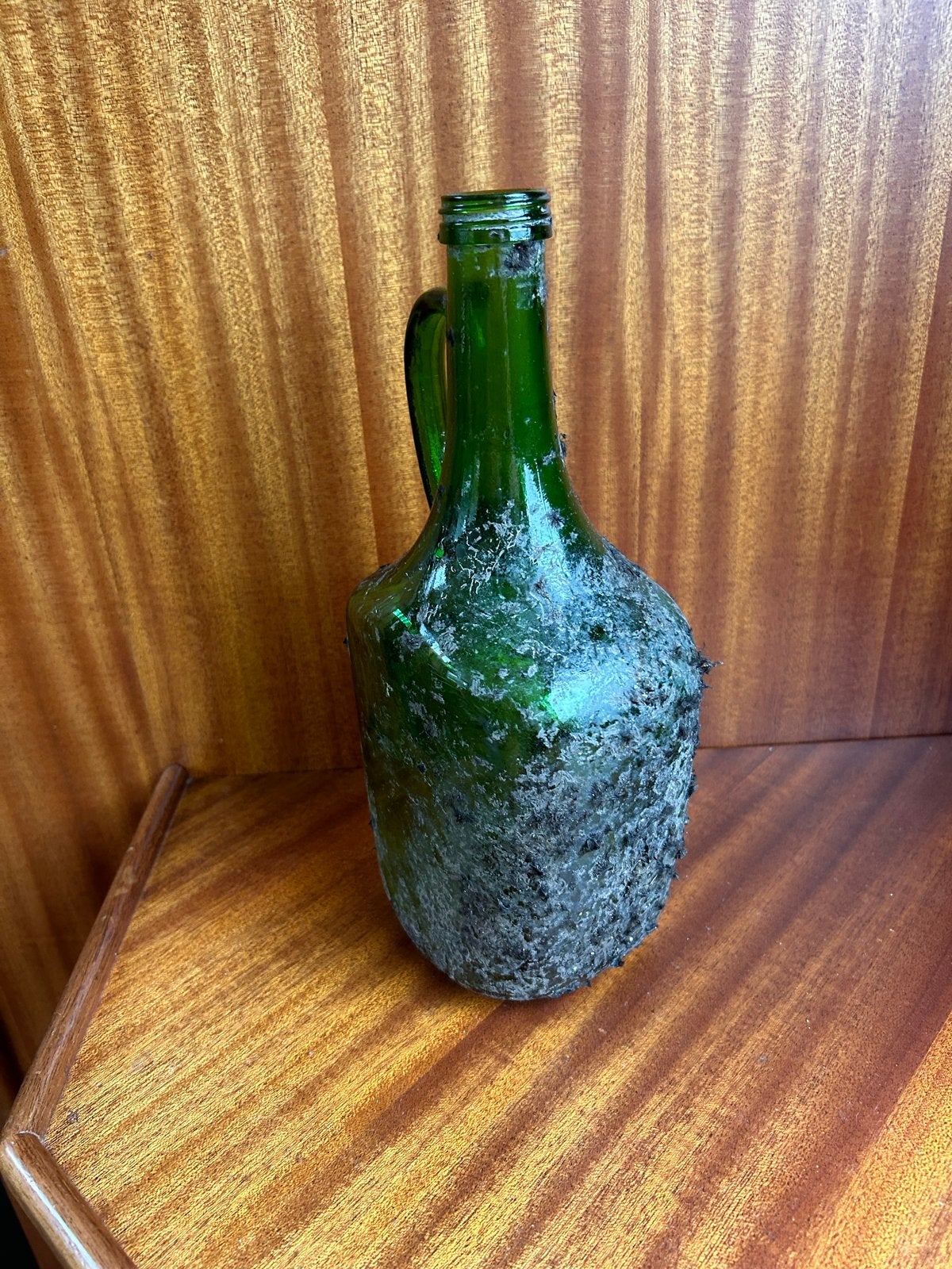 Antieke Groene Glazen Fles met Handvat - Gevonden in Zee, Ophalen of Verzenden