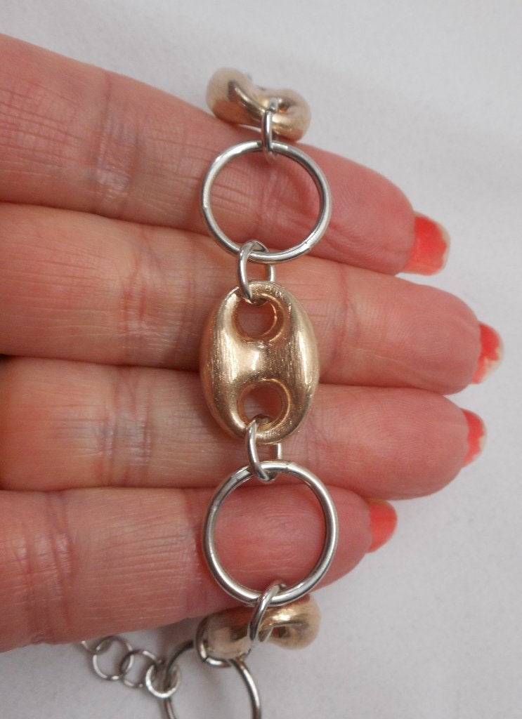 Zilveren armband met rosé goud vergulde schakels nr.389, Verzenden, Zo goed als nieuw, Zilver, Zilver