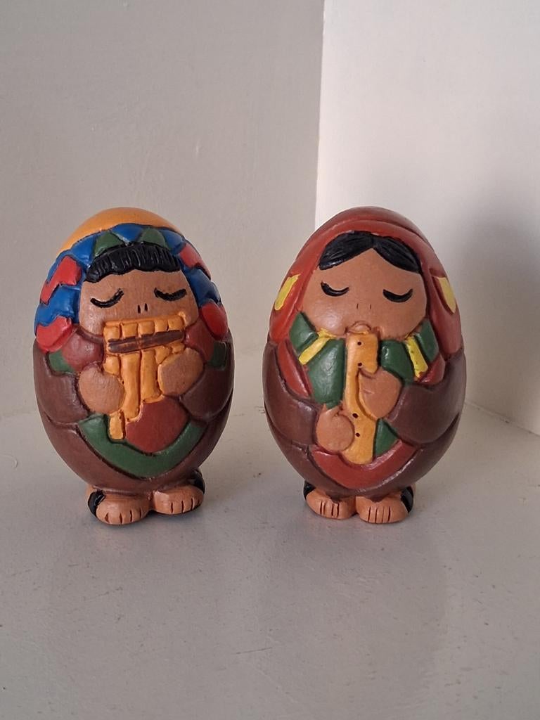 2 Vintage Peruaanse Keramiek Beeldjes - Andes Muzikanten, Ophalen of Verzenden