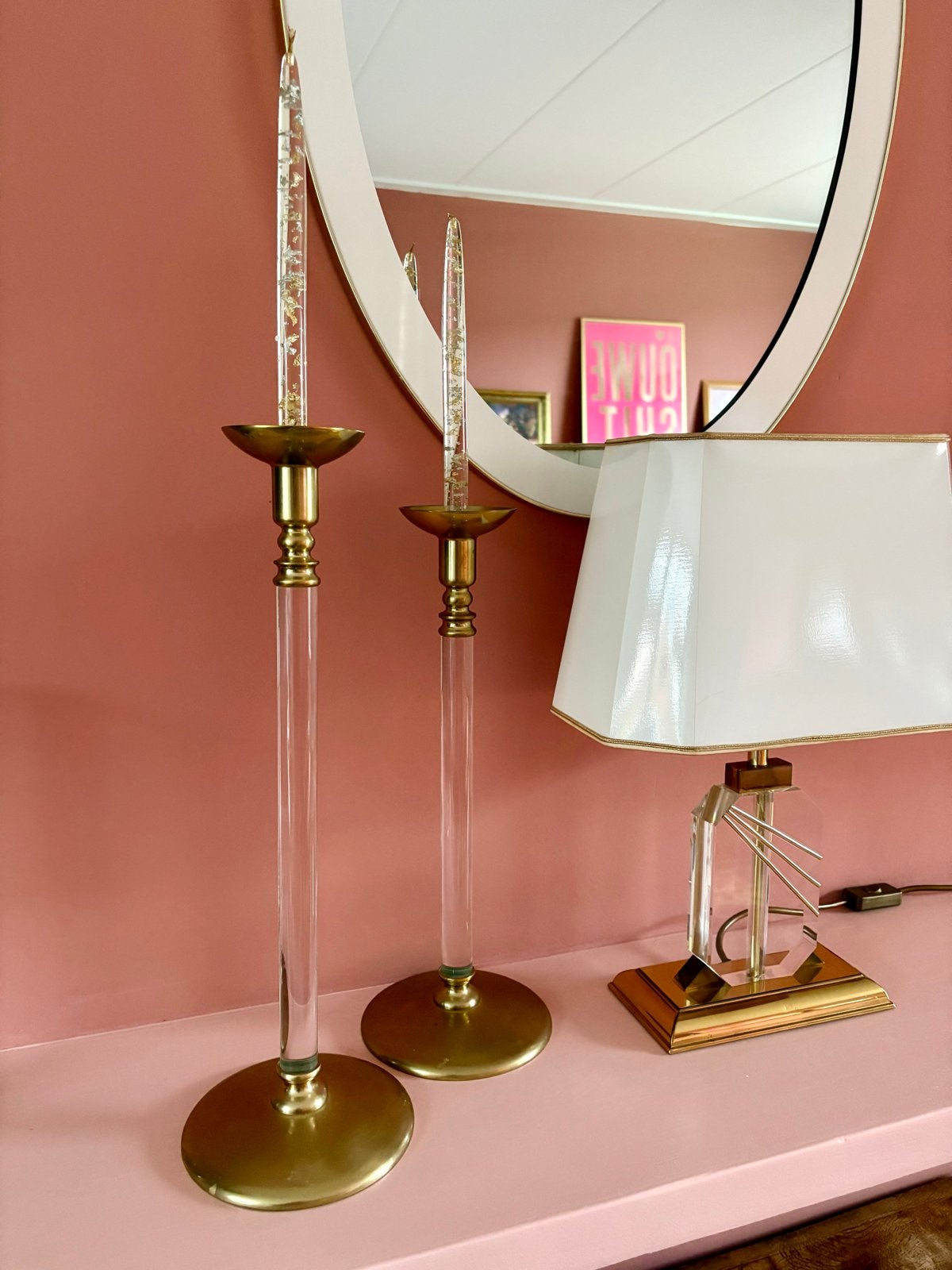 Art Deco Hoge Kandelaars Lucite en Messing, Ophalen, Overige materialen