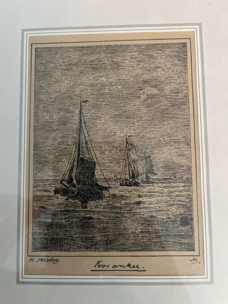 H.W. Mesdag - Voor anker (Ets), 1800 - 1899, Ets, Ophalen of Verzenden, Gesigneerd