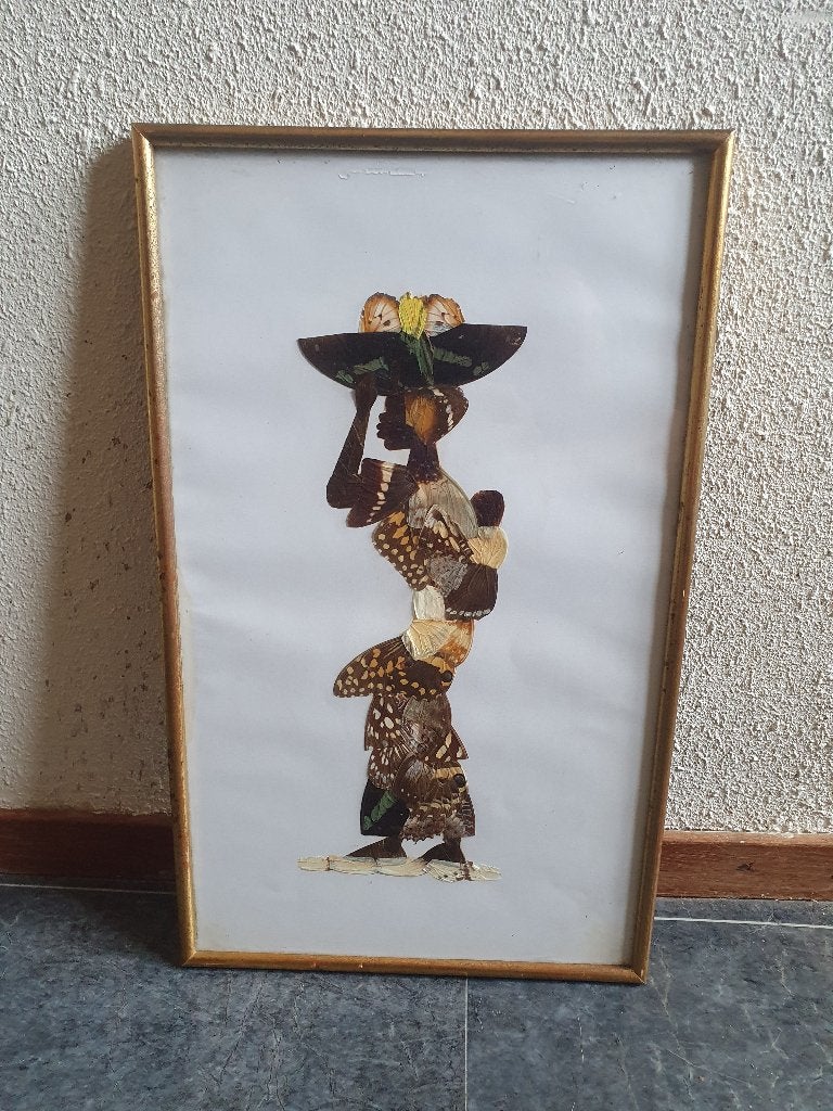 Vintage Afrikaans kunstwerk – vrouw van vlindervleugels, Ophalen of Verzenden
