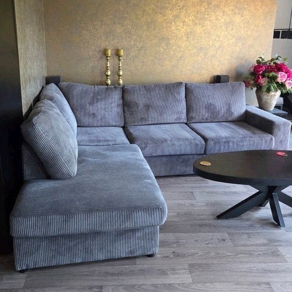 Hoekbank Ribstof Antraciet - Stevig Zitcomfort, Huis en Inrichting, Banken | Bankstellen, Ophalen, 250 tot 300 cm, Hoekbank, Zo goed als nieuw