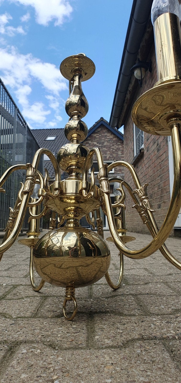 Grote messing kroonluchter met 8 armen, Ophalen, Gebruikt, E14 (klein), Klassiek, Vintage