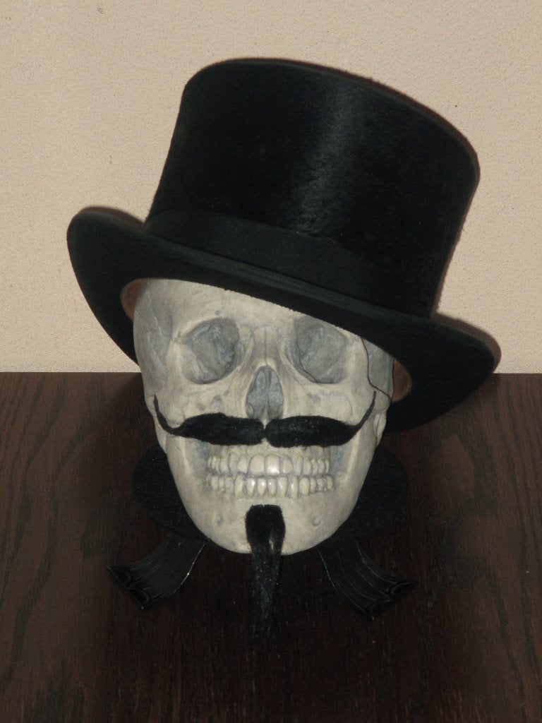 unieke Schedel REPLICA, Skull mens met snor, sik & hoge hoed, Ophalen of Verzenden, Object, Handgemaakt
