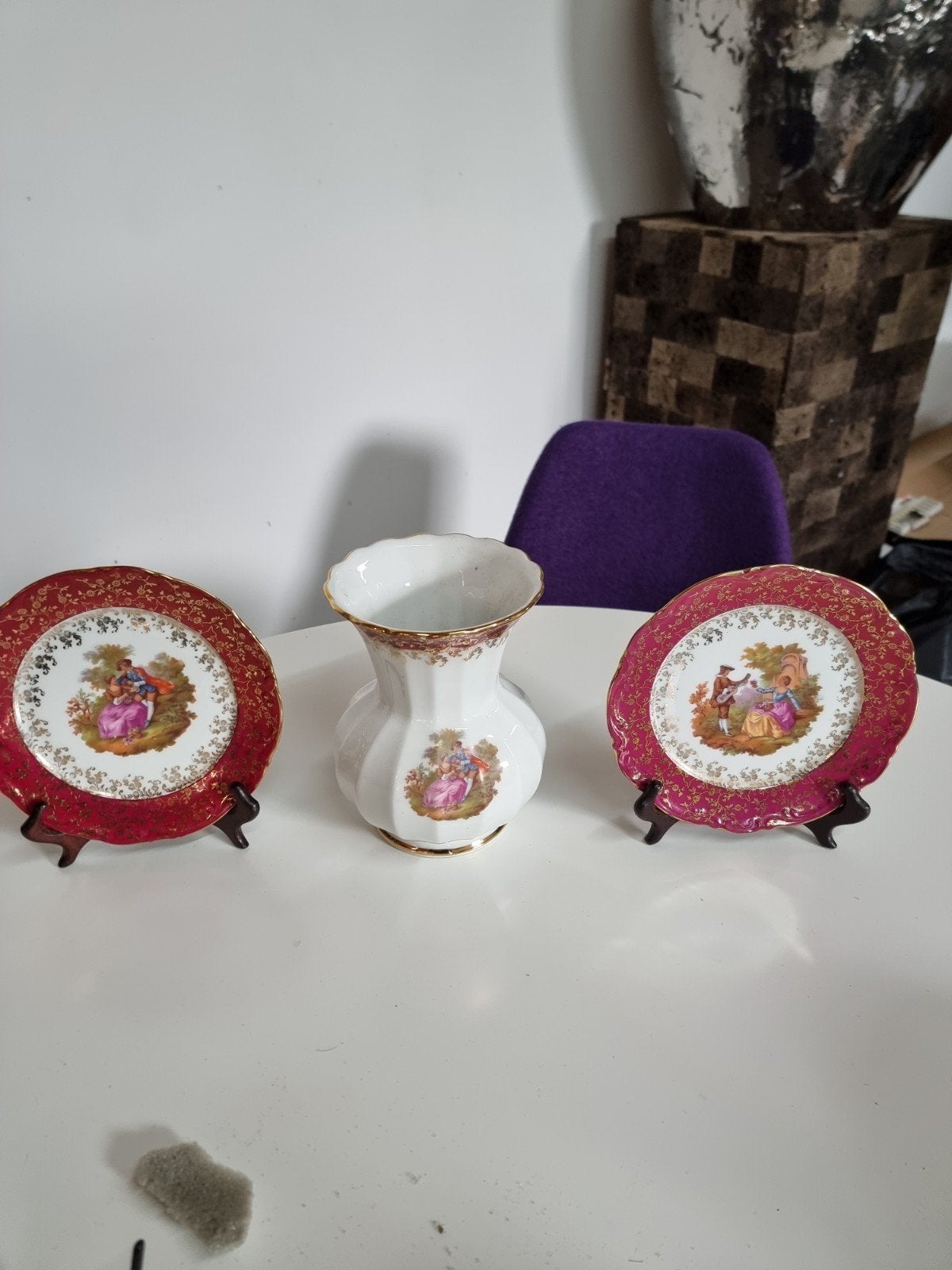 Vintage porseleinen vaas en bordjes met 24K goud, Antiek en Kunst, Ophalen of Verzenden