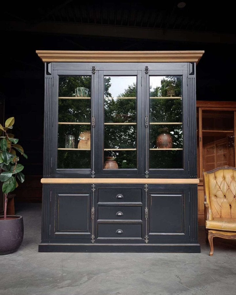 Prachtige klassieke buffetkast | Zwart / eiken vitrine #4117, Gebruikt, Met deur(en), -, 200 cm of meer