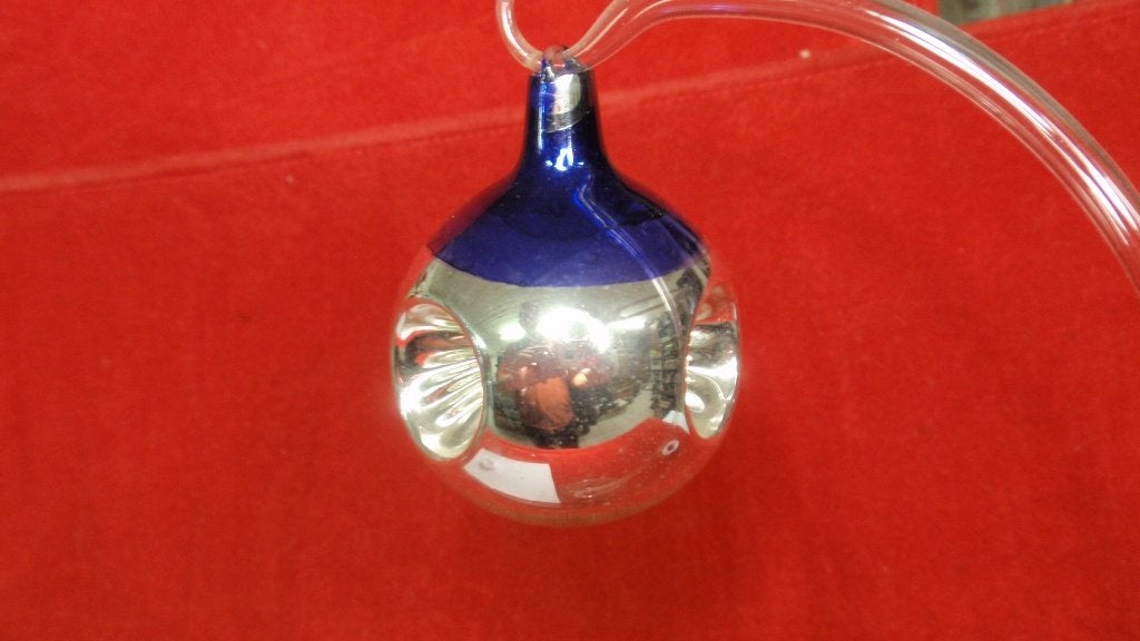 Oude glazen kerstbal Ajeko 3 zonnetjes en blauw, Ophalen of Verzenden, Gebruikt
