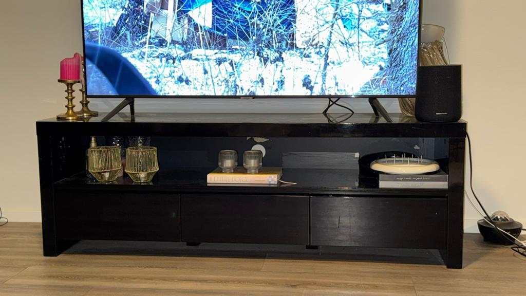 Hoogglans zwart tv meubel, Ophalen, Gebruikt, 150 tot 200 cm, Minder dan 100 cm