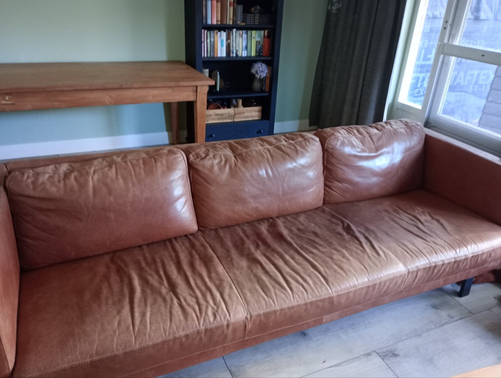 Leren bank cognac kleur 3,5 zits, Ophalen, Gebruikt, Vintage, Rechte bank