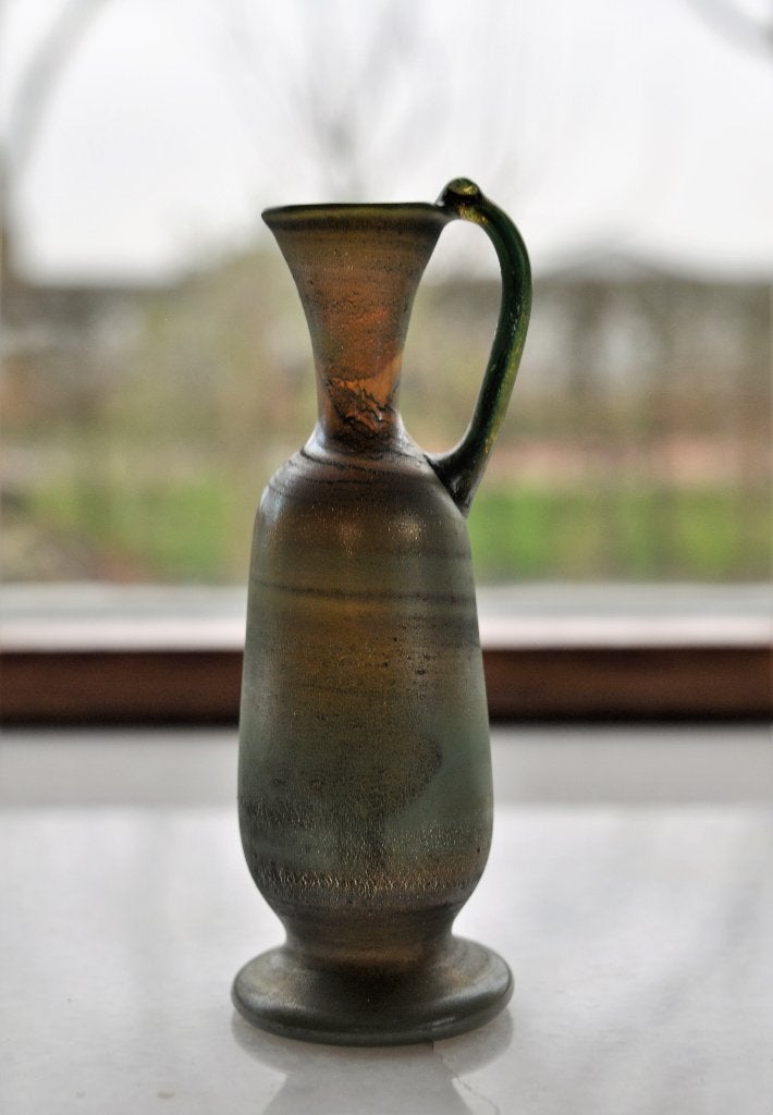 Oud MINIATUUR Vaasje Gemeleerd Groen DUN Glas 11 cm, Ophalen