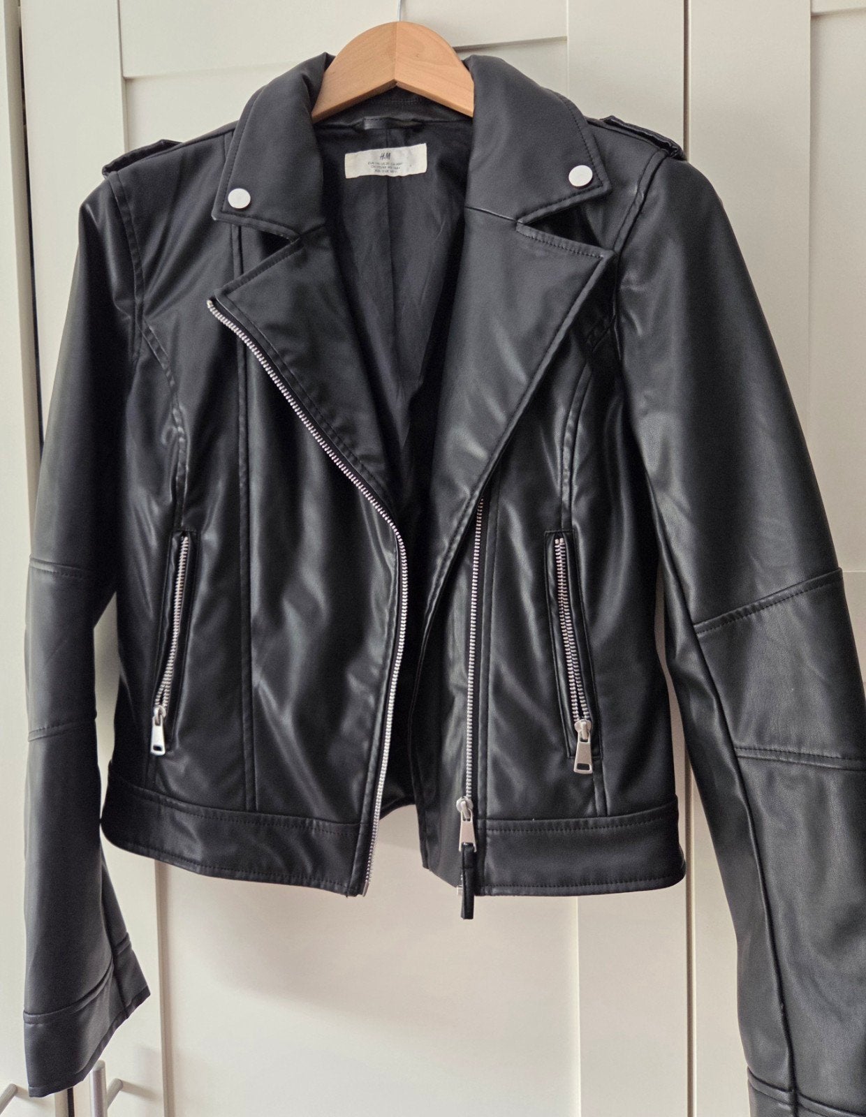 Zwart Leren Jack / Leer Jasje Maat 170 H&M, Meisje, H&M, Ophalen of Verzenden, Zo goed als nieuw