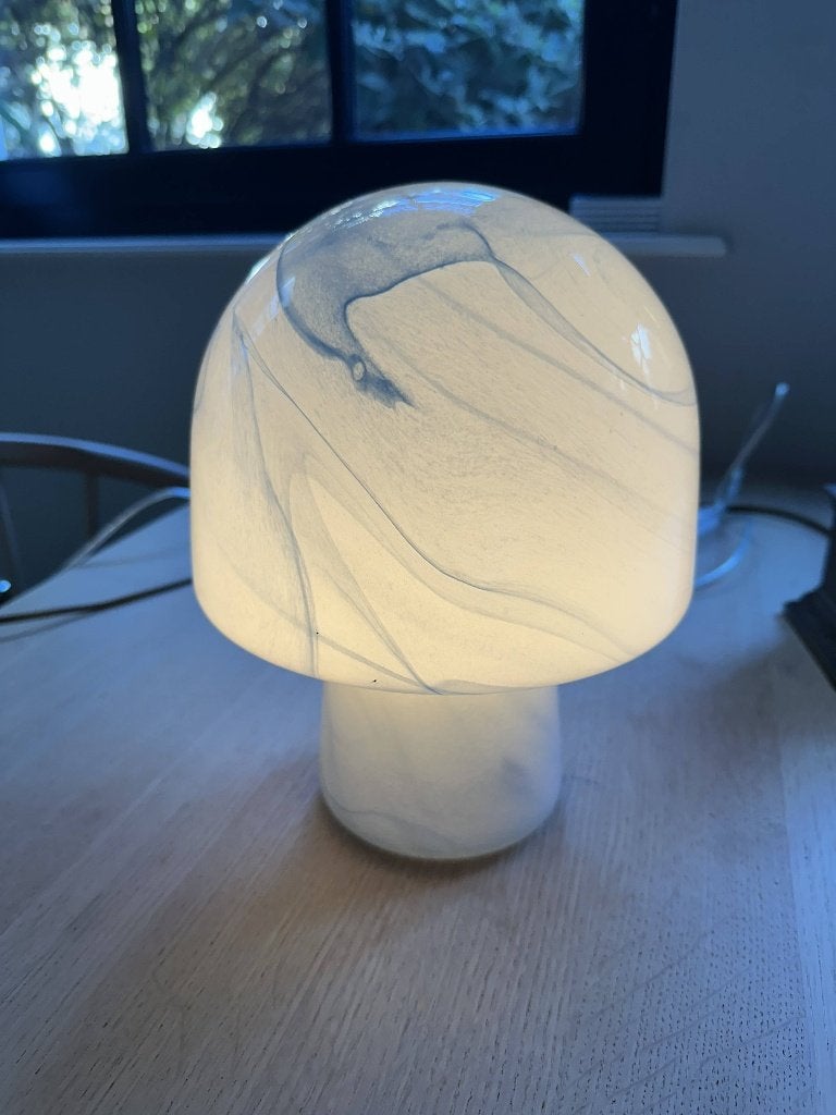 Glazen paddenstoel tafellamp, blauw marmer effect, Met schakelaar, Gebruikt, Overige merken, Paddenstoellamp