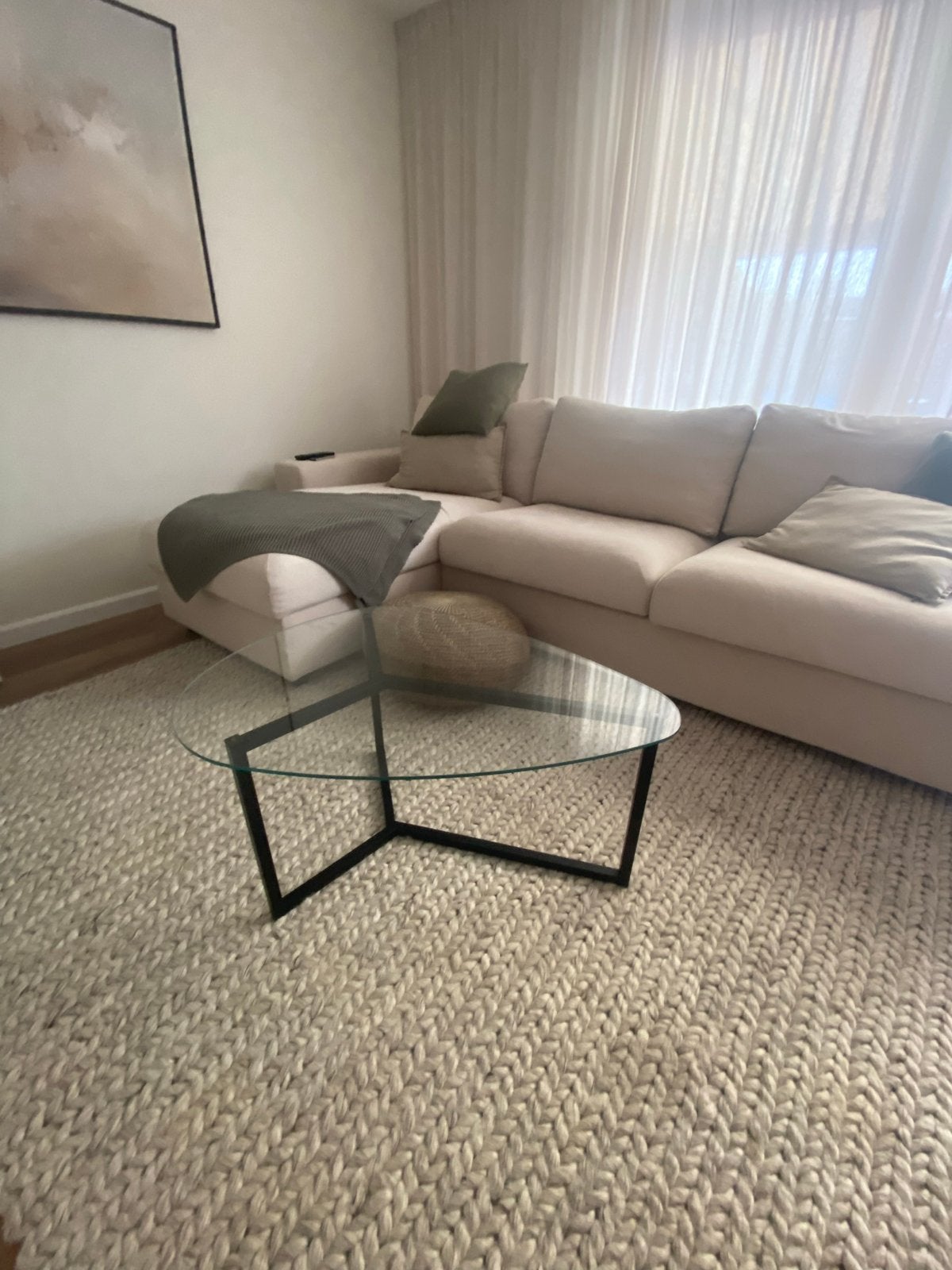 Moderne glazen salontafel met zwart metalen onderstel, Ophalen, Minder dan 50 cm, 50 tot 100 cm, Overige vormen