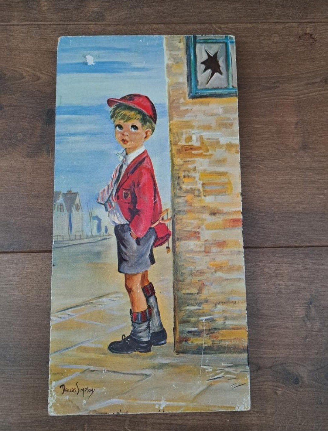 Vintage prent op hardboard jongen rode pet jas 37-18,5 cm, Ophalen of Verzenden, Gebruikt, Minder dan 50 cm, Schilderij