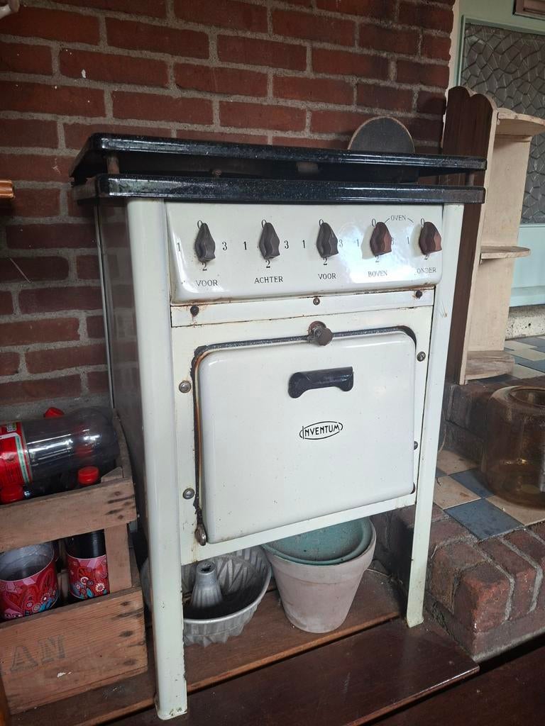 Vintage Inventum Fornuis met Oven - Wit Emaille, Witgoed en Apparatuur, Gebruikt, Gas, Vrijstaand, 85 tot 90 cm
