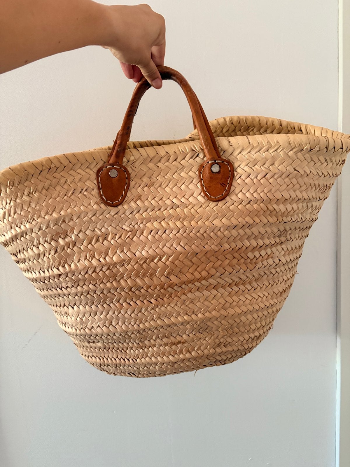 Rieten strandtas met leren handvatten, Ophalen, Gebruikt, Beige, Shopper