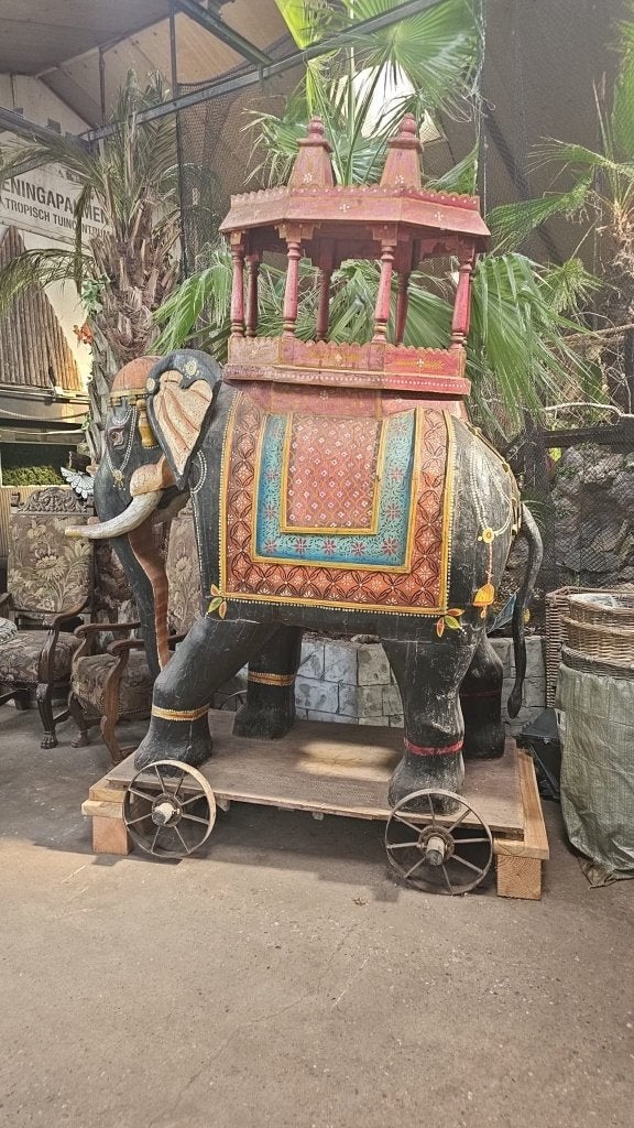 Uniek Houten Beeld Olifant met Tempel, Ophalen, Meer dan 2 meter, Zoogdier, Azië