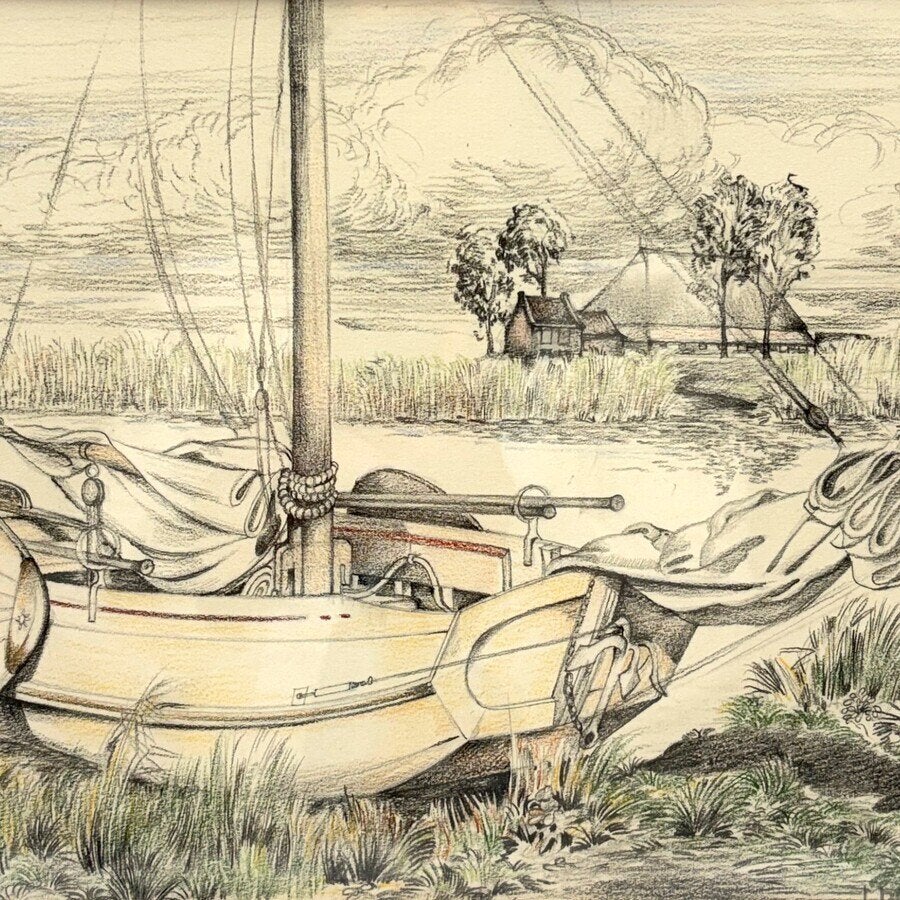 Jentsje Popma (1921-2022) - Zeilschip, 1949, Antiek en Kunst, Ophalen of Verzenden