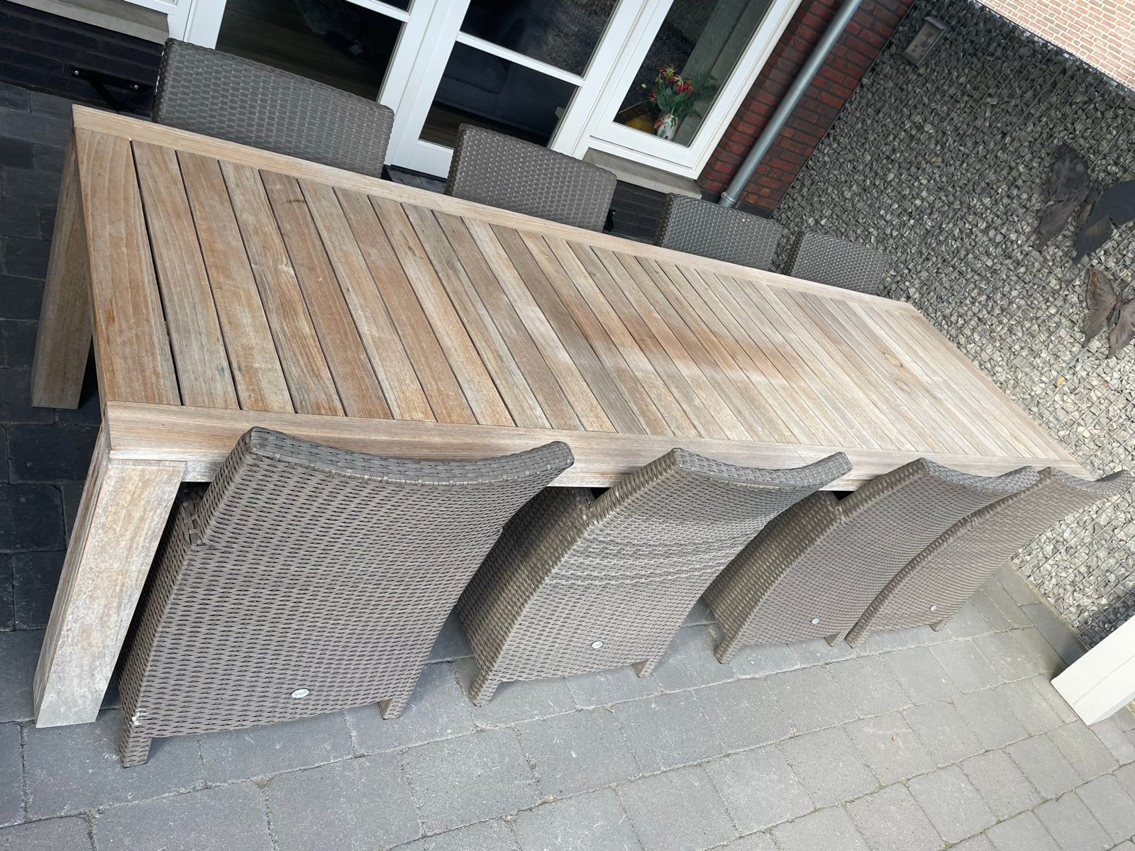 Teak tuintafel (Populair) met 8 Wicker stoelen, Ophalen, Gebruikt, Eettafel, Teakhout