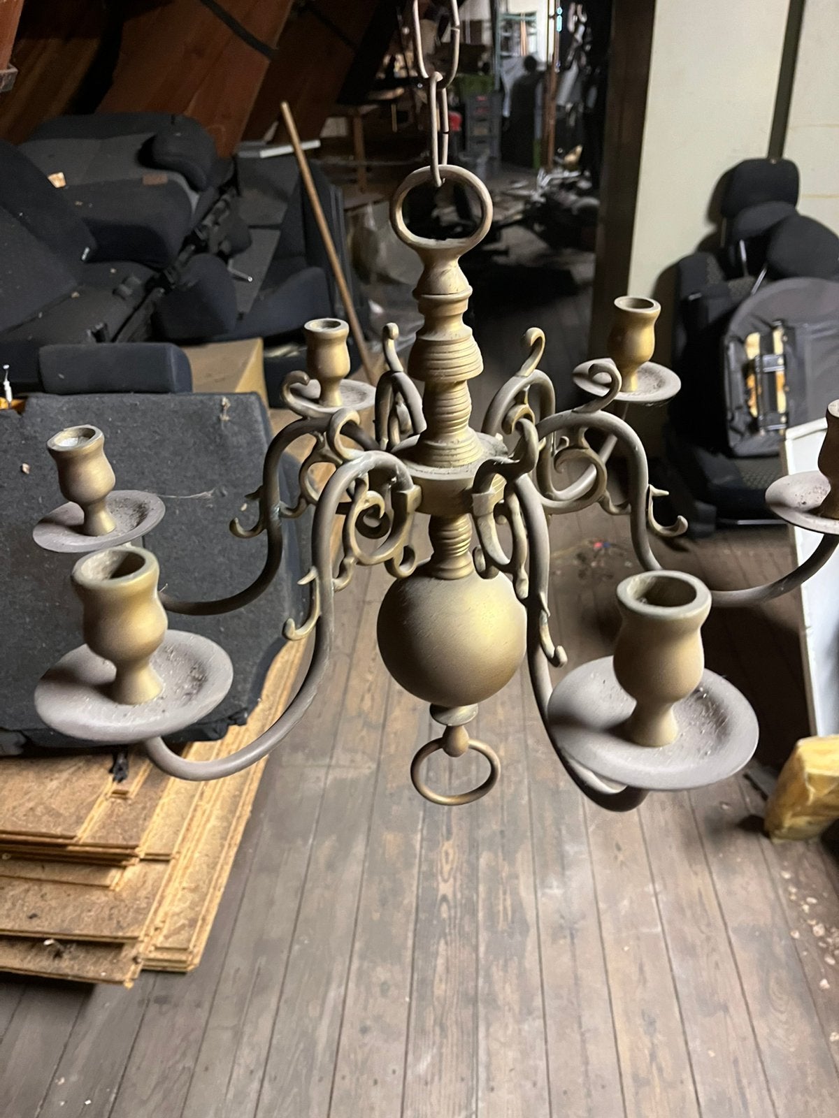 Nostalgische geel koperen kaarsen kroonluchter, Antiek en Kunst, Ophalen, Koper of Brons