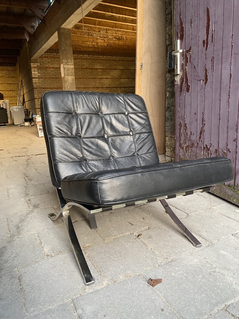 Vintage Barcelona Stoel Zwart Leer - Mies van der Rohe Stijl, Ophalen, Gebruikt, Vintage, Design, Modern, Klassiek, Mies van der Rohe