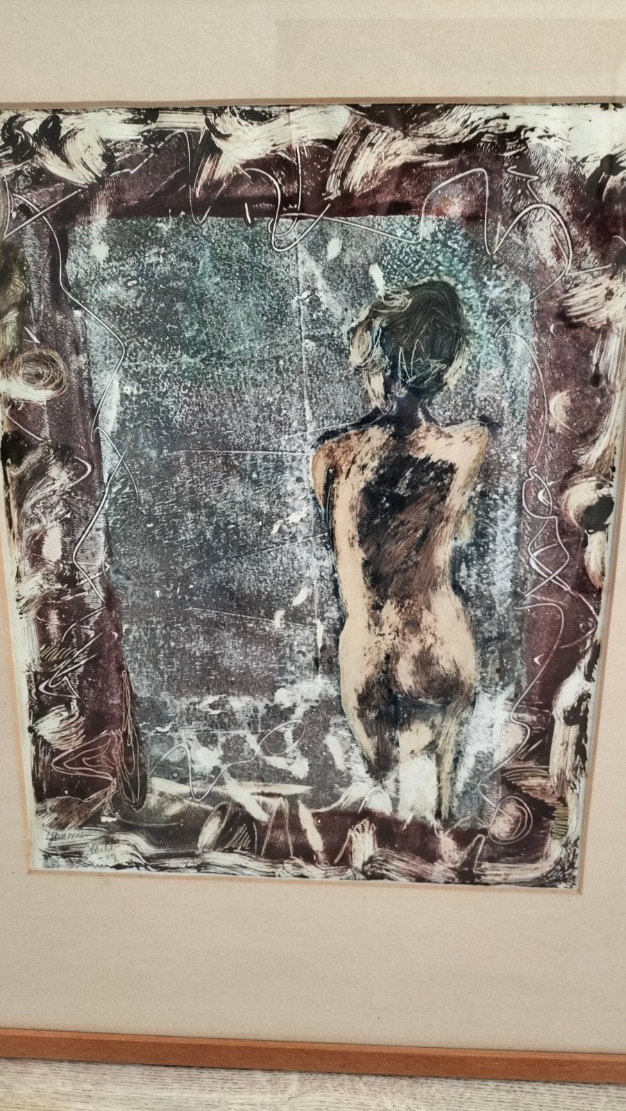 Schilderij in passe partout naakte vrouw in lijst, Ophalen of Verzenden