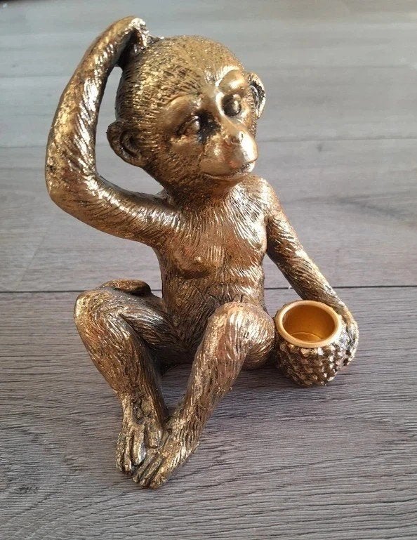 Gouden aap kaarshouder beeldje decoratie, 13 cm, Ophalen of Verzenden, Zo goed als nieuw, Metaal