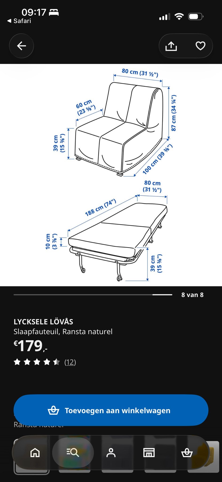 IKEA LYCKSELE LÖVÅS Slaapfauteuil - grijs, Ophalen, Gebruikt, Eenpersoons, 190 cm of minder