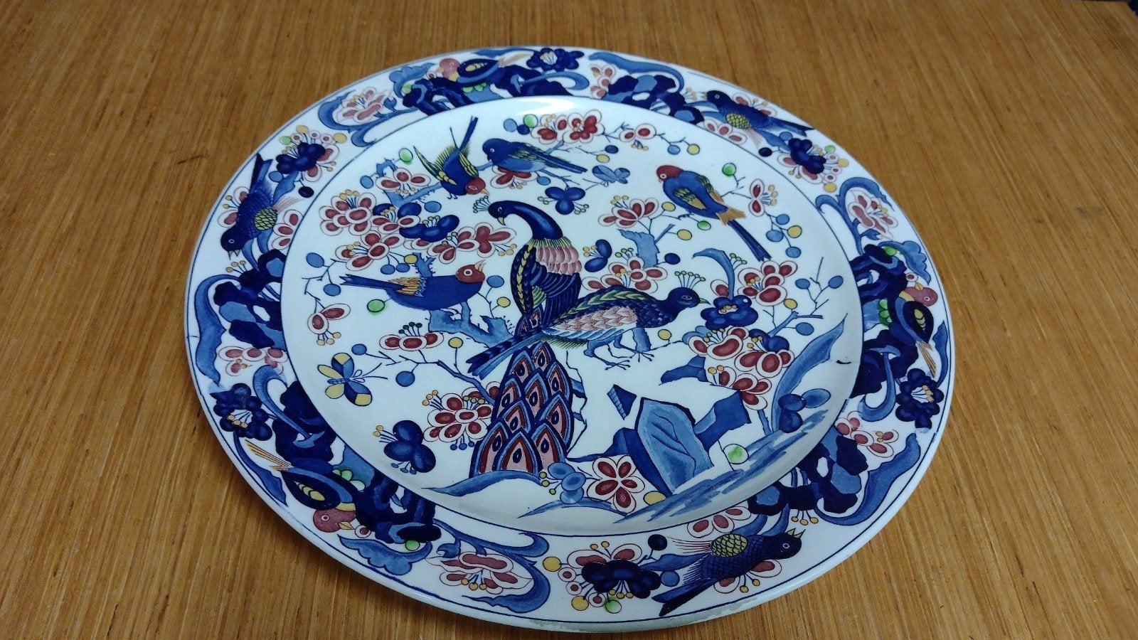 prachtig groot vintage Japans bord met pauwen en vogels, Ophalen of Verzenden