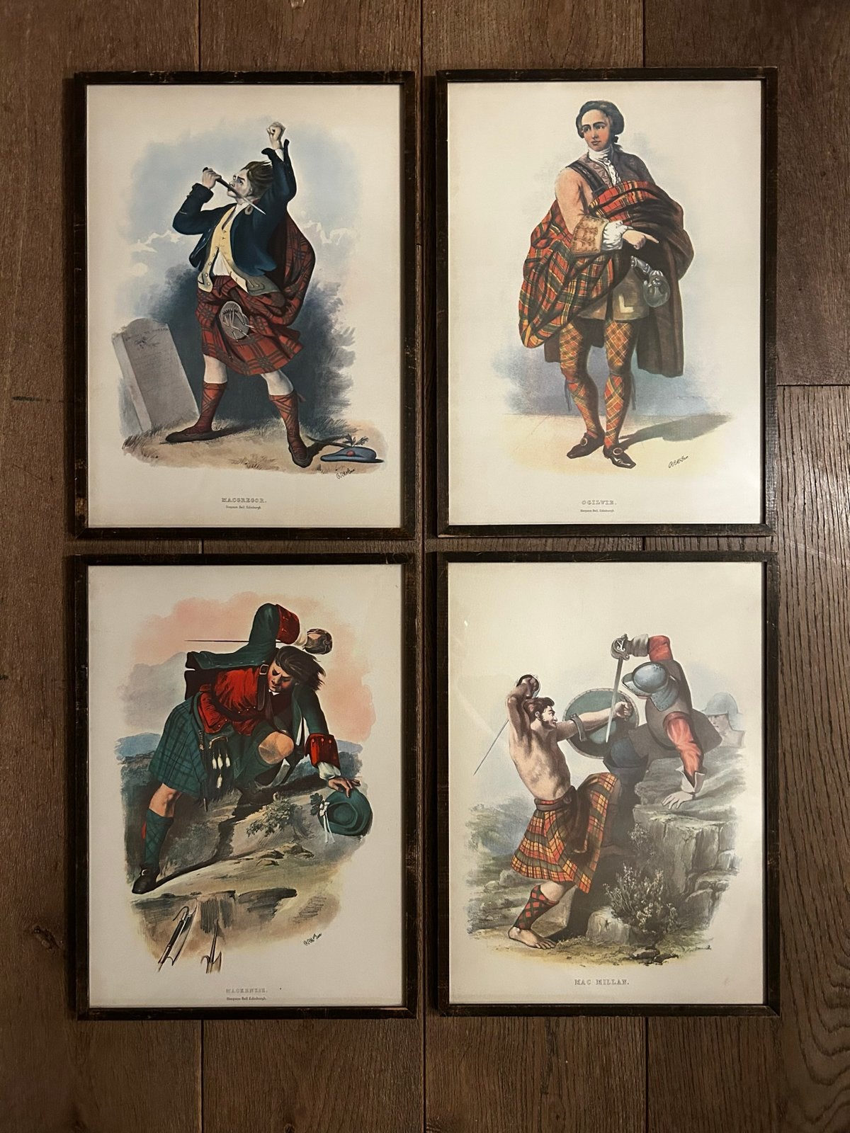 Set van 4 vintage Schotse clan prenten (R.R. McIan), Ingelijst, 1800 - 1899, Mode, Ophalen of Verzenden