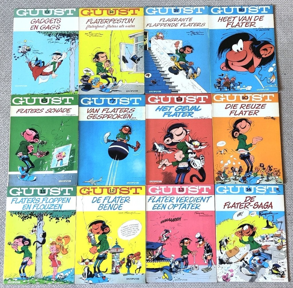 12 stripalbums van Guust Flater met 1ste drukken, Meerdere stripboeken, Ophalen of Verzenden, Gelezen