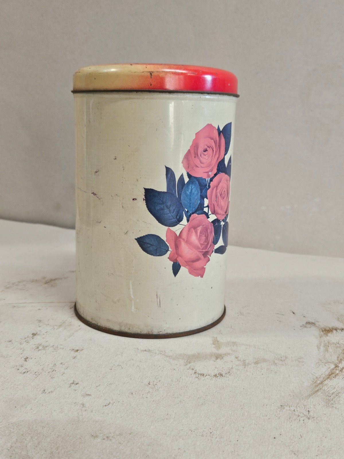 Vintage blikken bus met rozenmotief, Ophalen of Verzenden