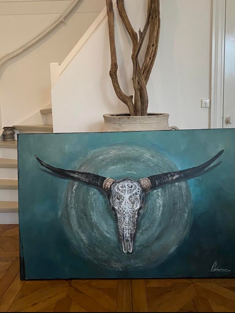 Vrij werk , stoeren koeien schedel in warm turquoise, Antiek en Kunst, Ophalen of Verzenden