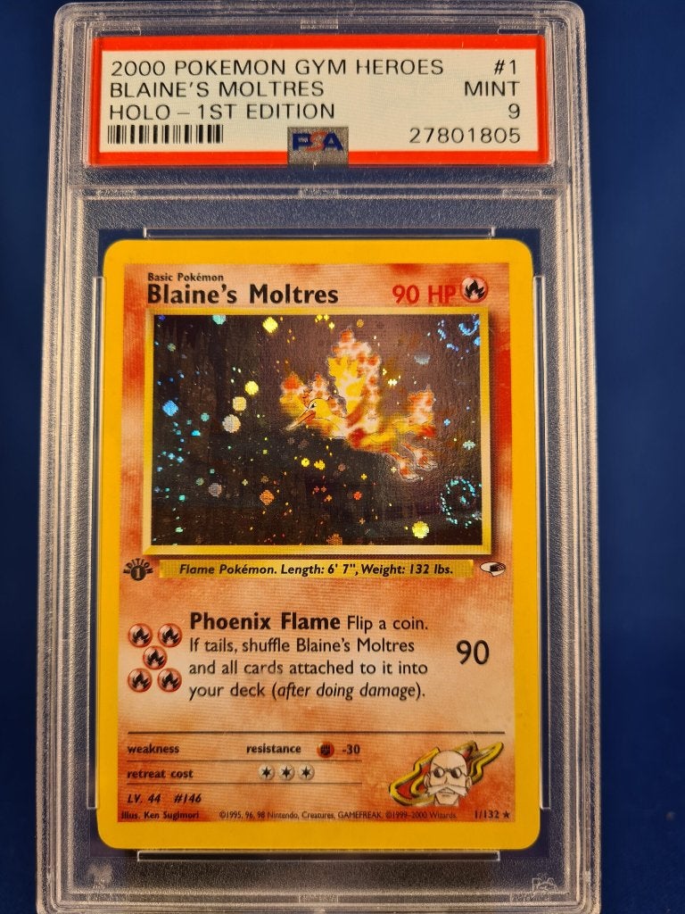 Blaine's Moltres 1/132 - Gym Heroes (1st edition) (PSA 9), Verzenden, Gebruikt