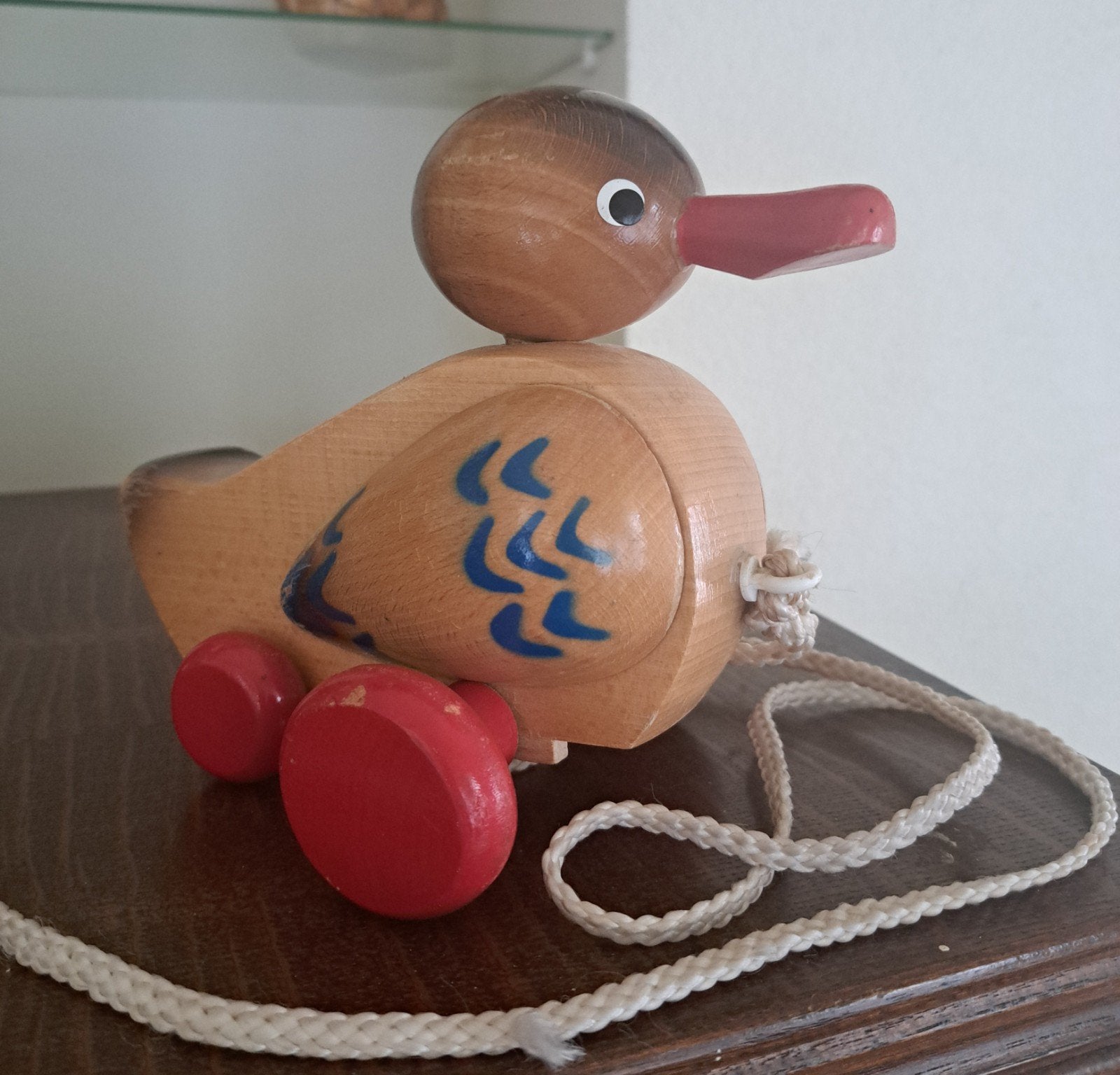 Houten trek-eend met wieltjes - Vintage speelgoed, Kinderen en Baby's, Ophalen of Verzenden
