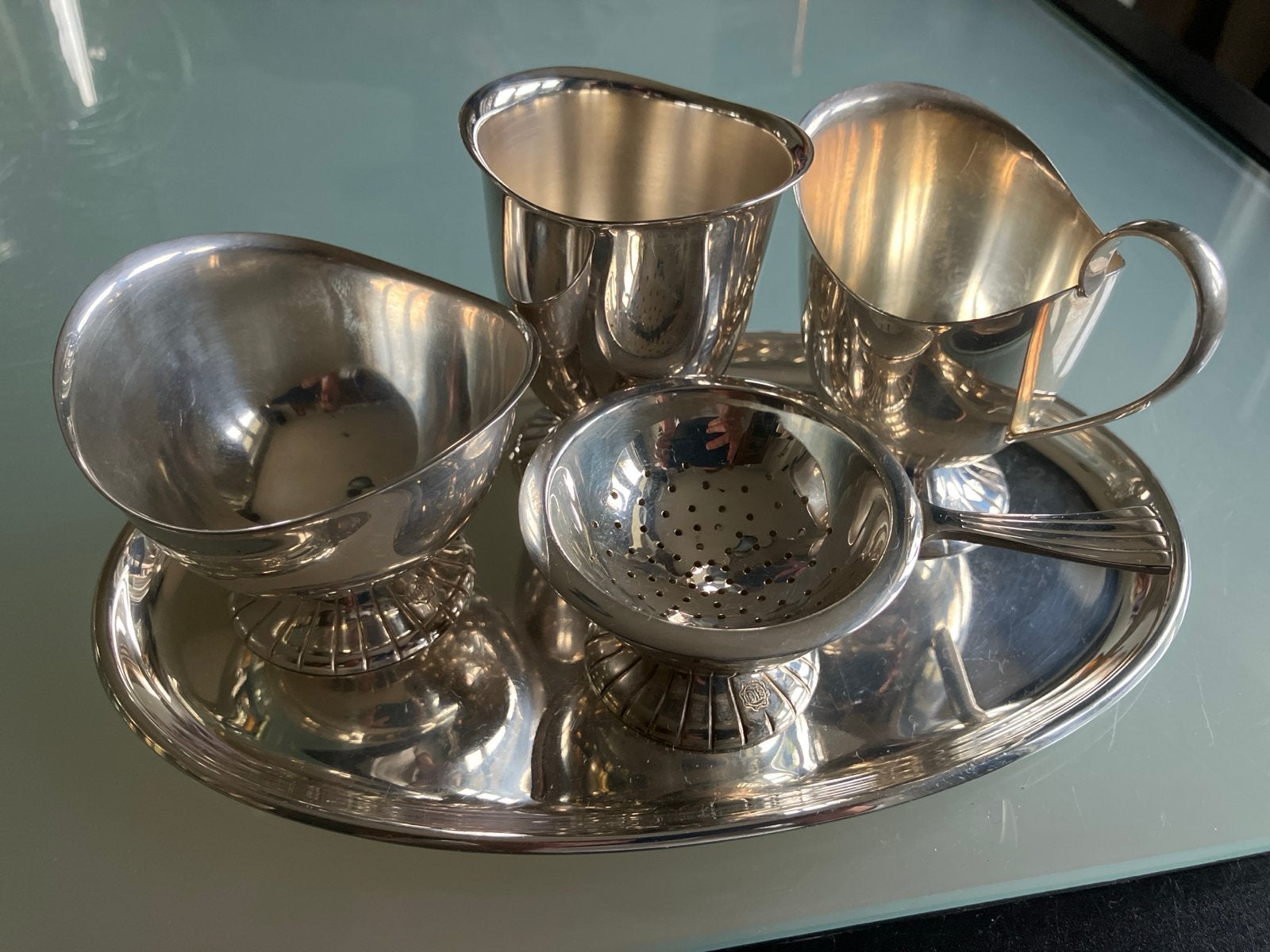 Antiek verzilverd theeservies met dienblad, Antiek en Kunst, Ophalen of Verzenden, Zilver