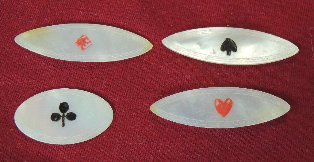 4 parelmoer fiches antiek eind 1800 / begin 1900 China, Ophalen of Verzenden