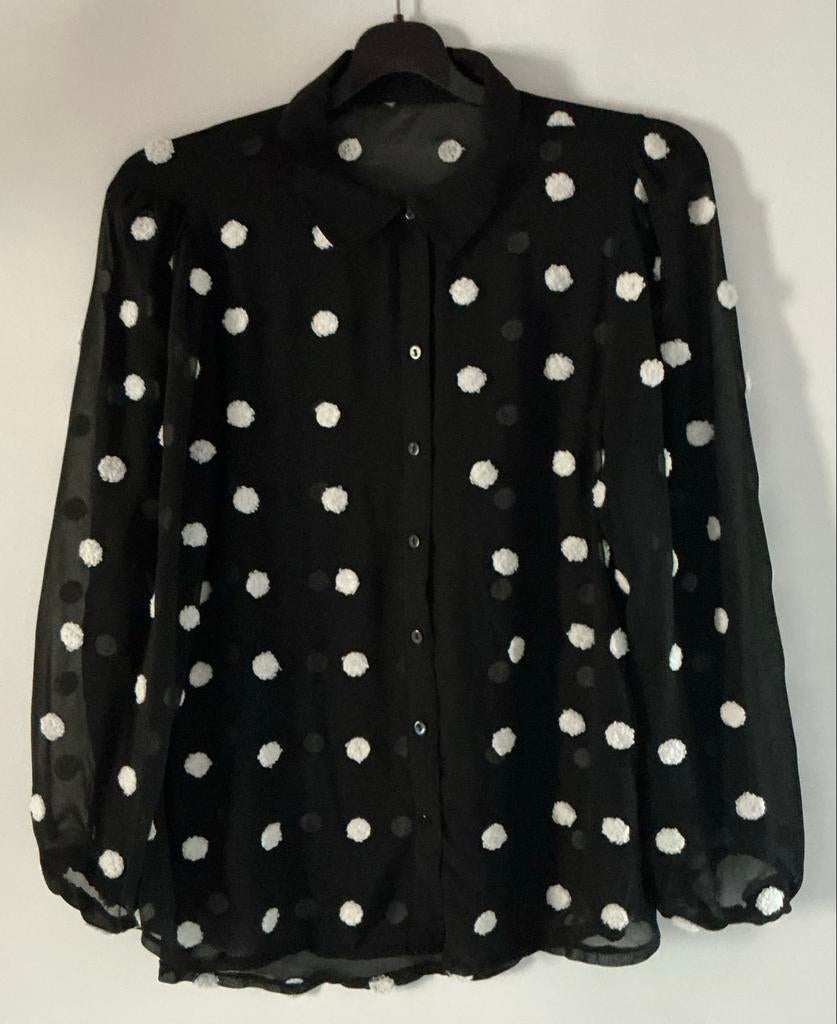Zwarte blouse met witte stippen - Maat L, Ophalen, Zo goed als nieuw, Maat 42/44 (L), Zwart