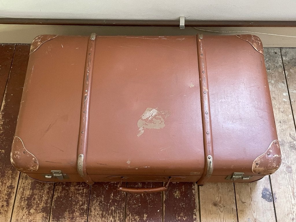 Oude brocante antieke koffer met houten banden, Ophalen