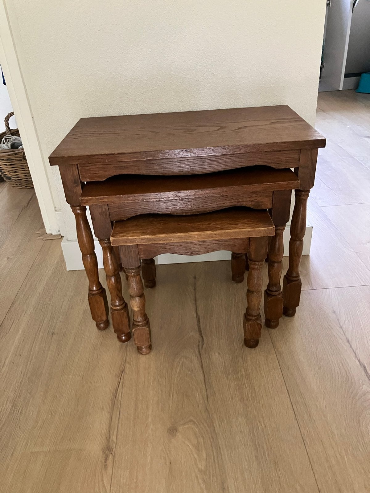 Set van 3 eikenhouten bijzettafels, Minder dan 55 cm, Gebruikt, Rechthoekig, Hout
