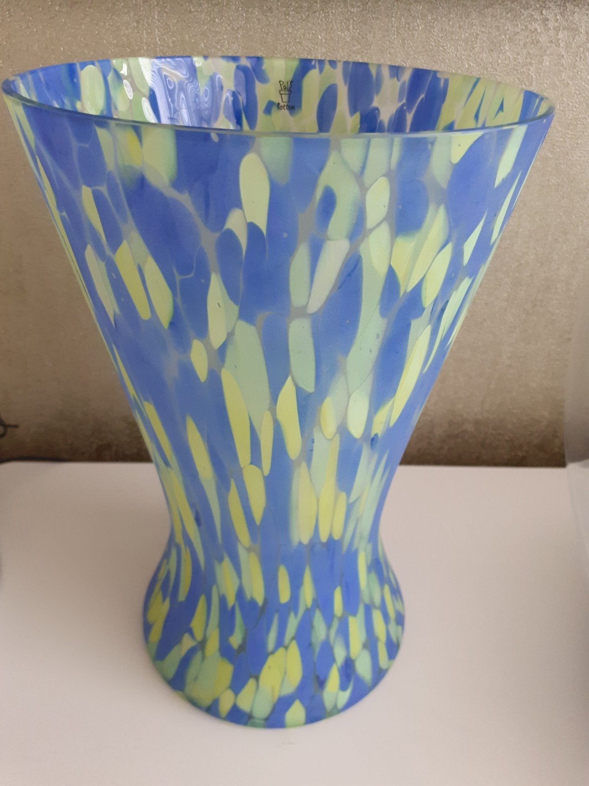 Pols Potten vaas, blauw/geel gespikkeld, 29 cm hoog, Ophalen of Verzenden